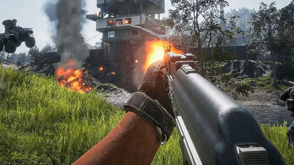 First-person view along a rifle at a sunlit mountain valley with autumn trees and distant peaks.